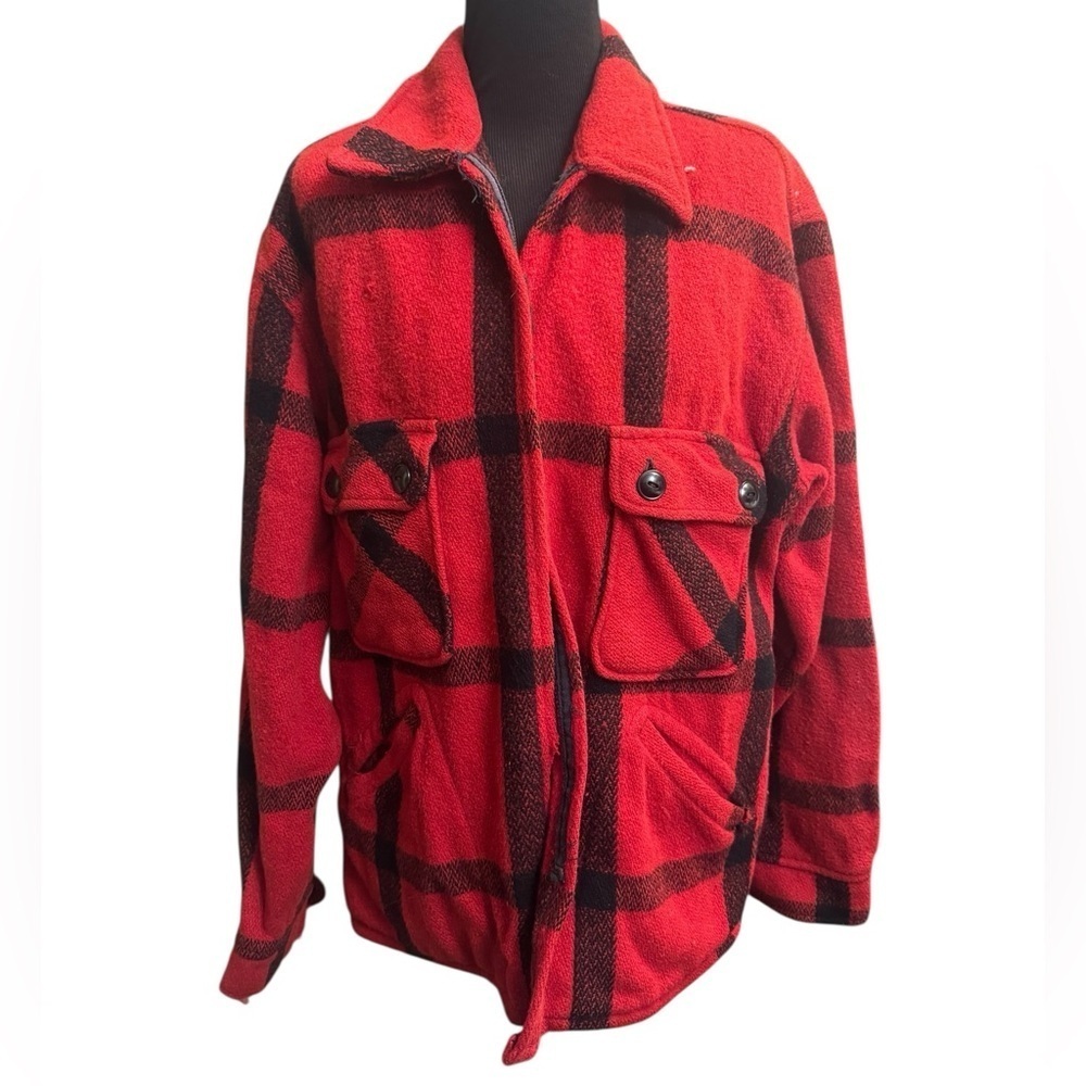 Vintage 100% Wool 70’s JC Penney Buffalo Plaid Red Blk Hunting Mackinaw Jacket - Picture 3 of 16
